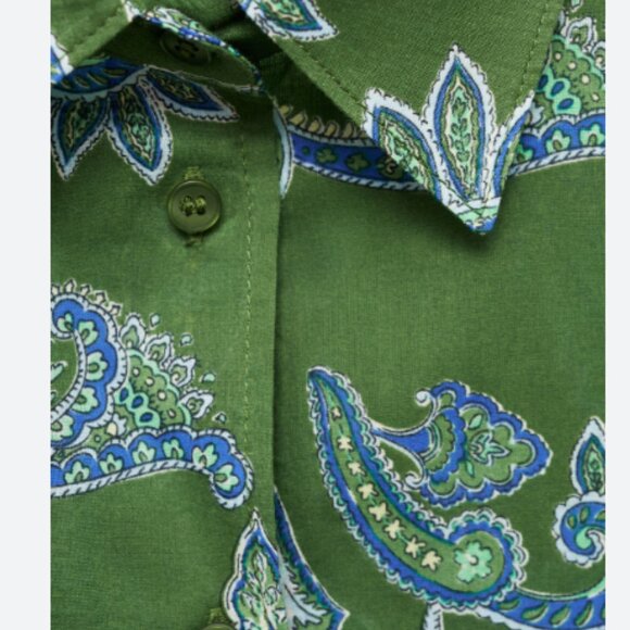 MNG Mango Green Paisley Print Long Sleeve Cotton Button Down Shirt - Picture 6 of 7